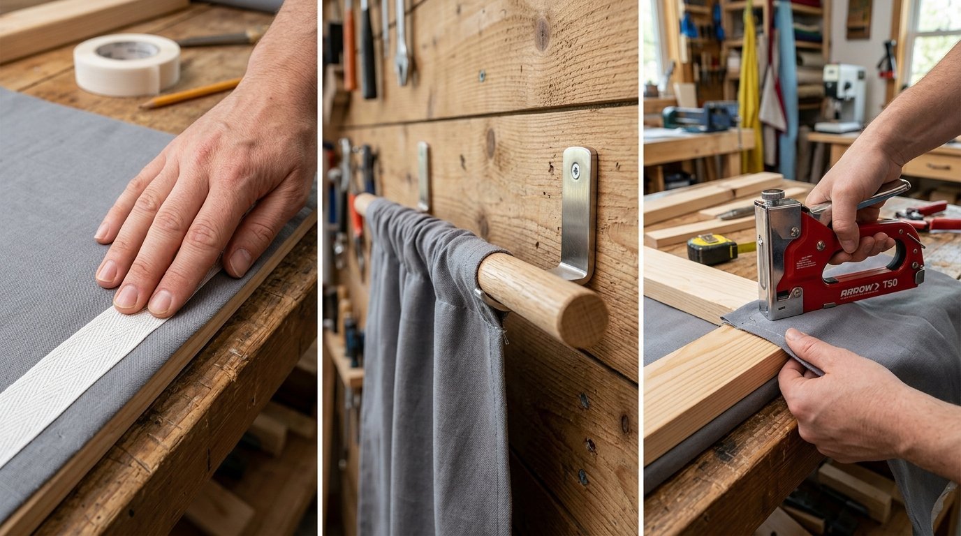 Close up shots of a hand working with grey fabric, a wooden dowel rod, and using a red staple gun on a wooden frame.