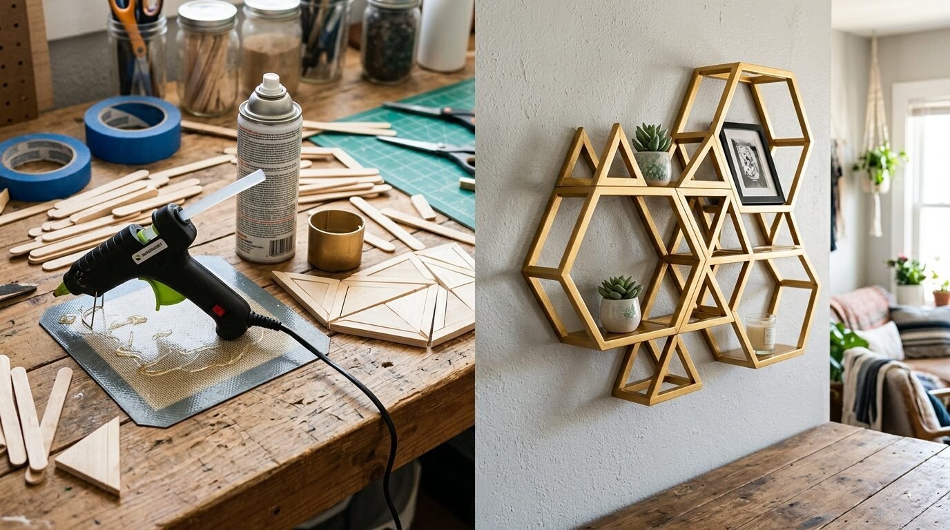 A wooden workbench with glue and craft sticks next to a finished metallic gold honeycomb shelf hanging on the wall.