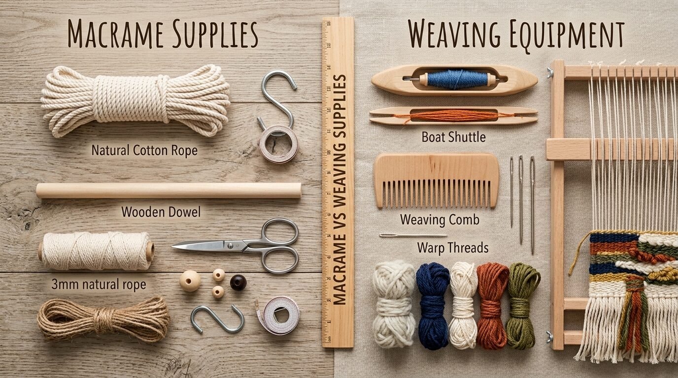 Top-down view of organized macrame cords, wooden dowels, weaving shuttles, and a small loom on a wooden surface.