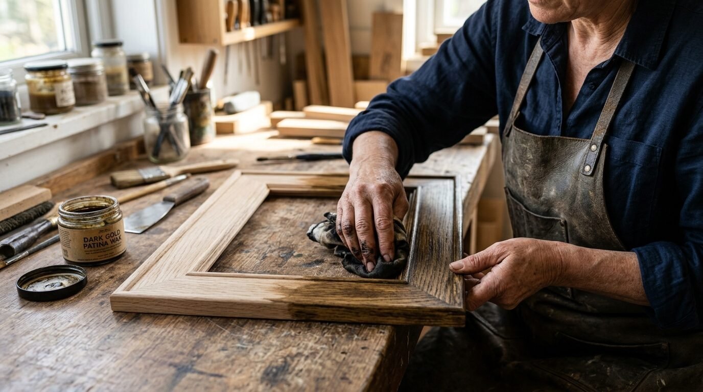 Close up of person in leather apron using a cloth to wax a raw wood frame in a workshop.