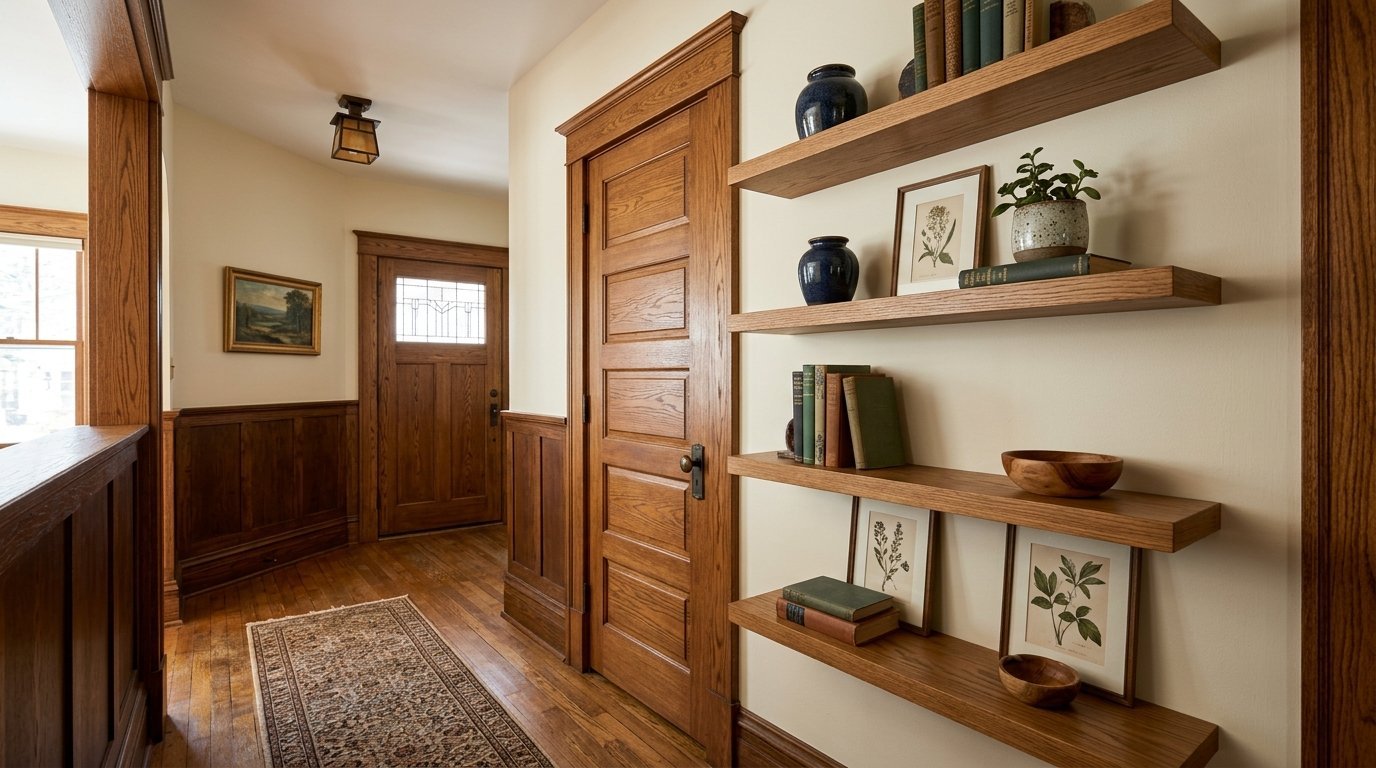 A warm hallway with oak doors, wainscoting, and floating wood shelves decorated with books and botanical prints.