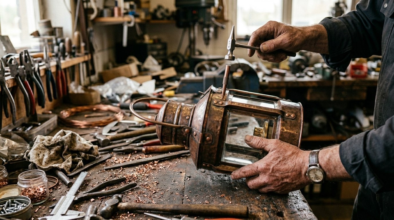 Close-up of a worker's weathered hands using a small hammer to repair a copper lamp in a cluttered workshop.