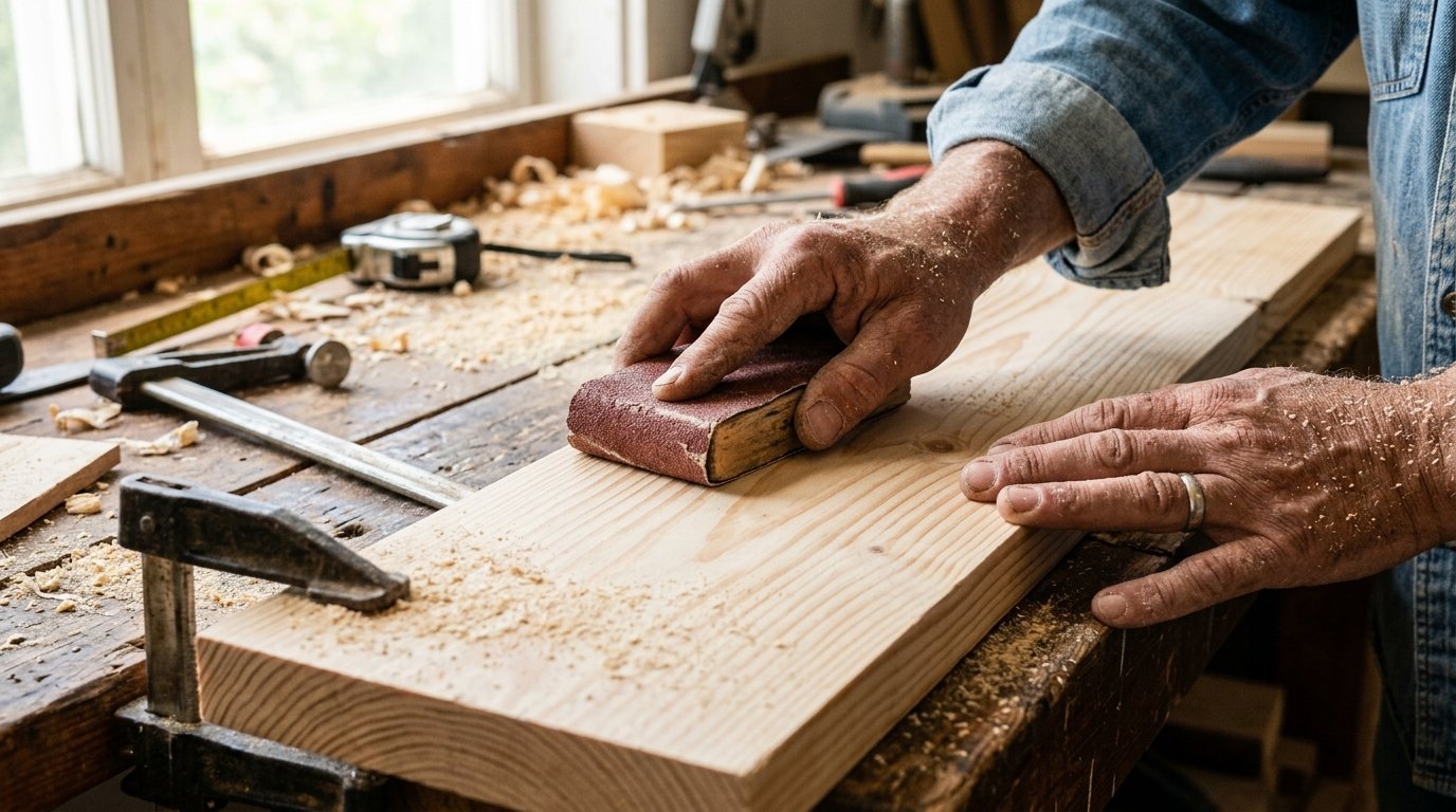 Close-up of a worker's hands smoothing a piece of pine lumber with a sanding block on a cluttered workbench.