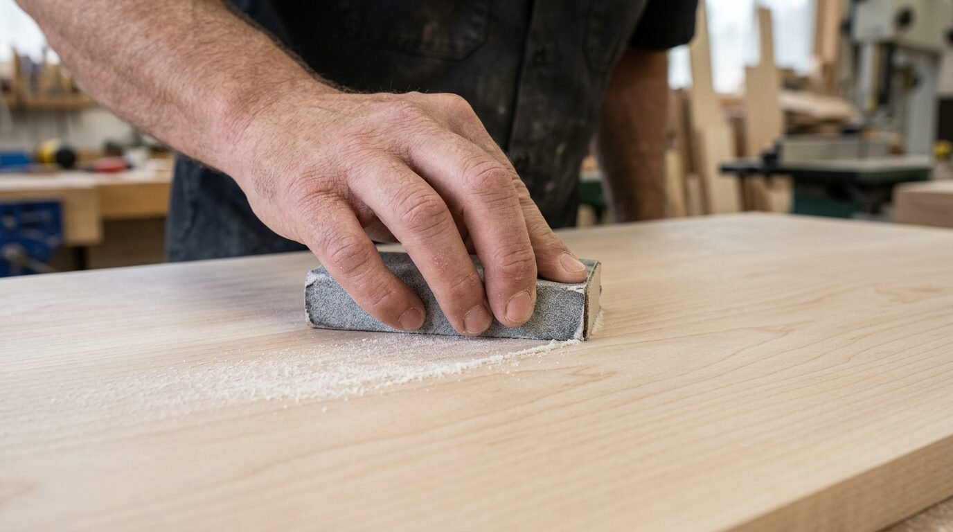 Close up of a hand using a grey sanding block on a piece of light-colored unfinished wood in a workshop.