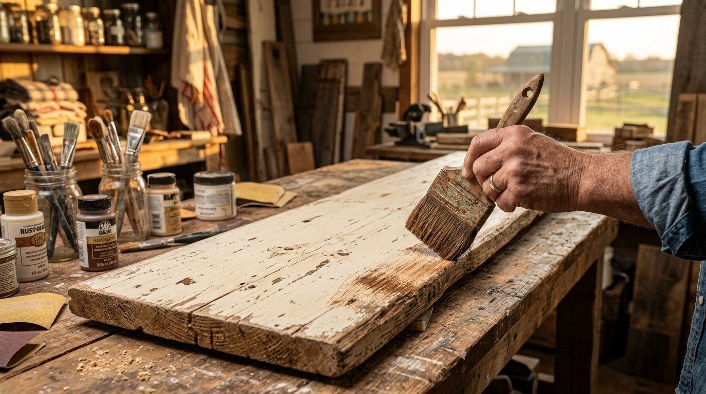 Close up of a hand using a bristle brush to stain a weathered wooden plank in a sunlit workshop.