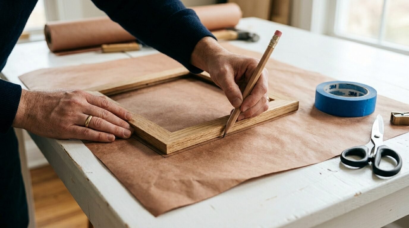 Close up of hands using a pencil to mark the border of a square oak frame on brown craft paper.