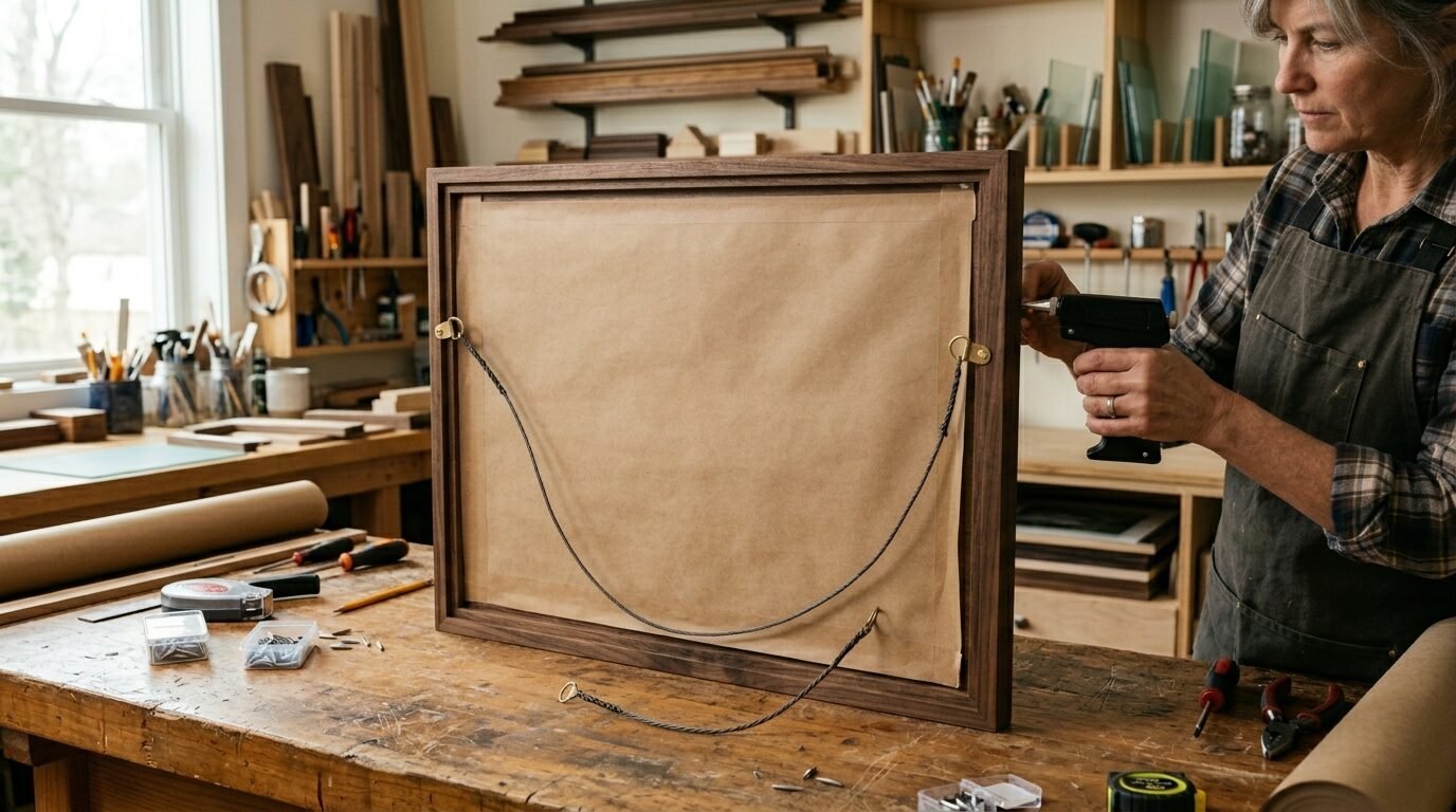 A woman in a workshop uses a staple gun to fasten hanging wire to the back of a wooden picture frame.