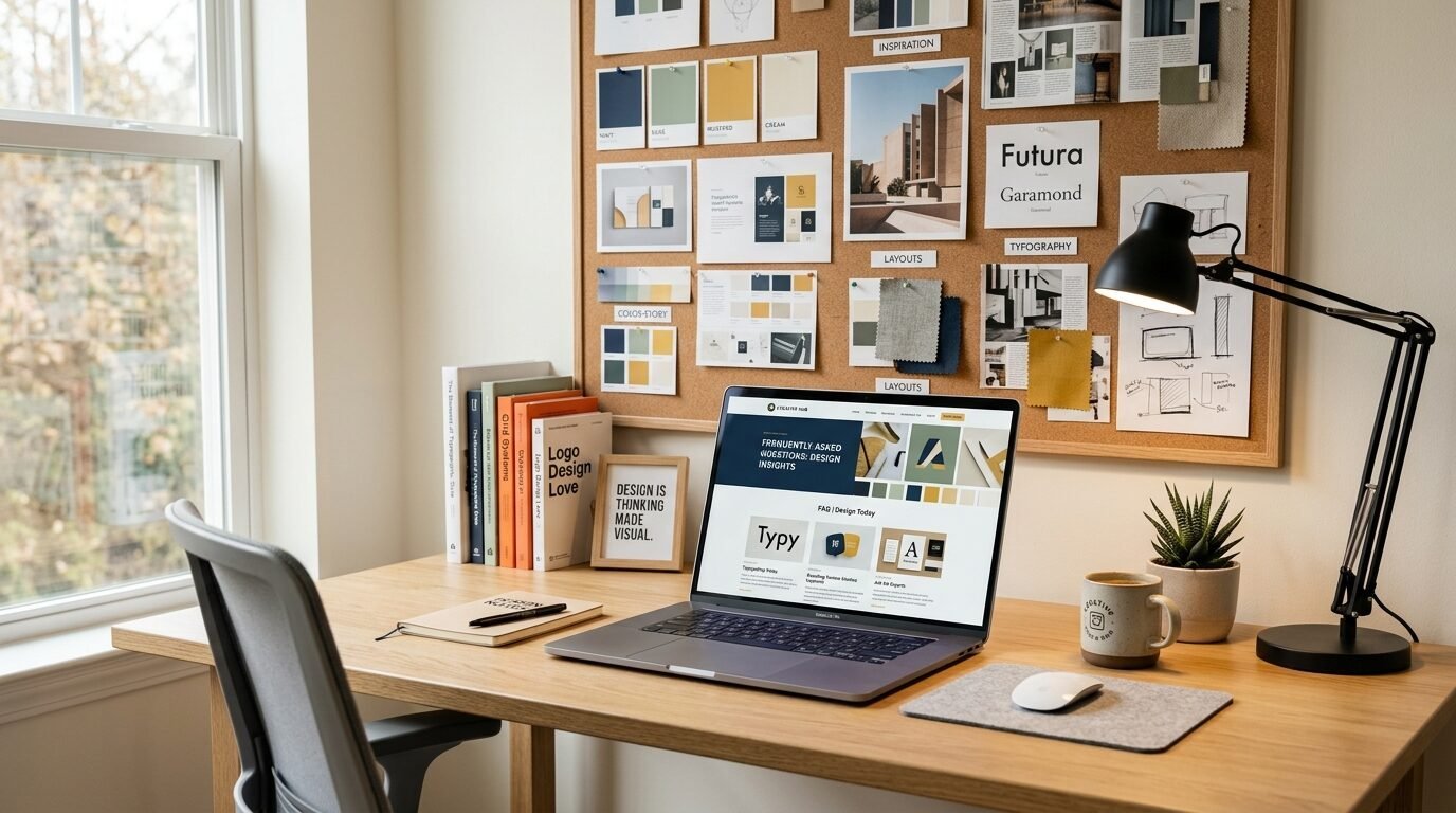 A laptop open on a wooden desk with a cork bulletin board covered in design swatches and typography samples.