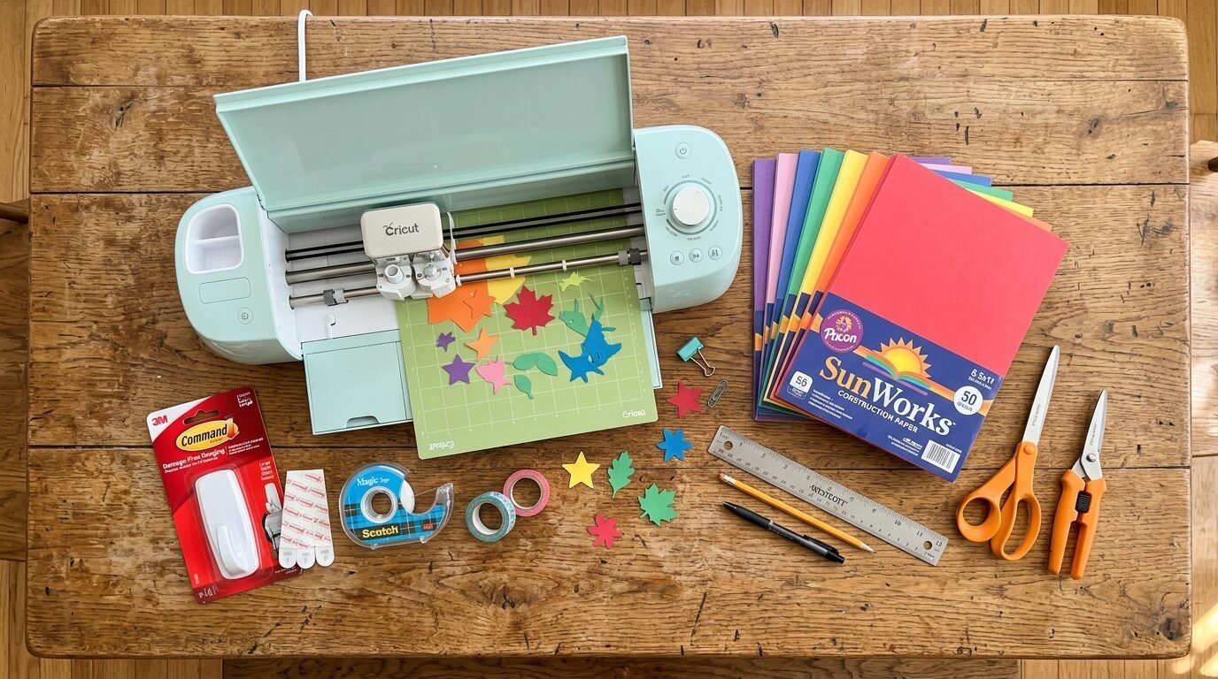 Cricut machine, construction paper, scissors, tape, and ruler arranged on a rustic wooden desk for a craft project.
