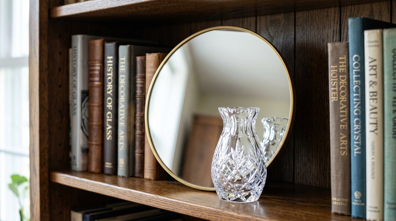 A clear cut-glass vase in front of a small brass-rimmed circular mirror on a wooden bookshelf.