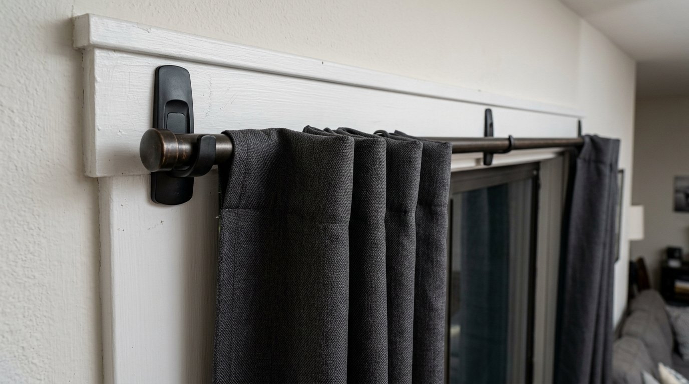 Close up of charcoal drapes suspended from a metal curtain rod mounted on white trim with peel and stick hooks.