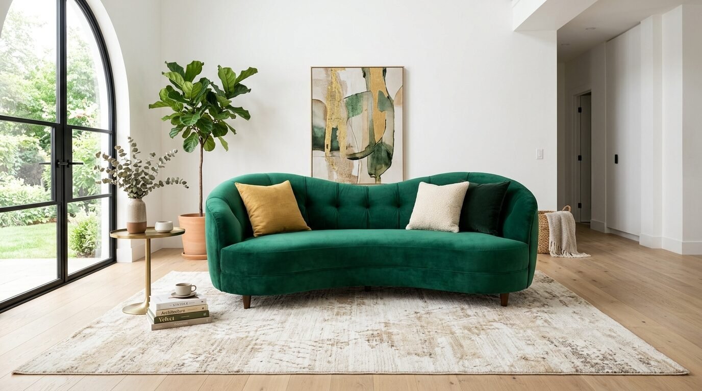 Emerald green curved velvet settee featuring accent pillows on a textured area rug in a bright room.