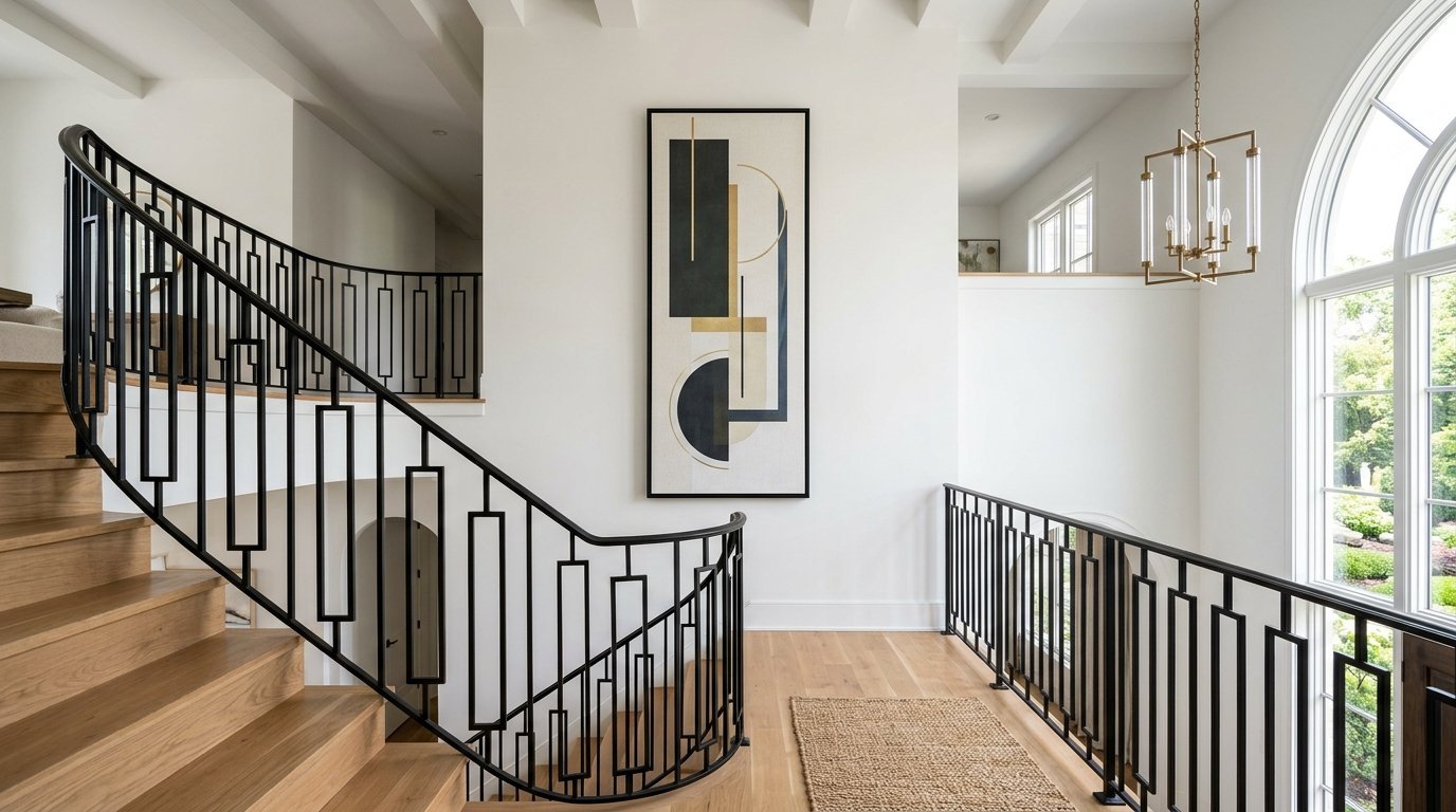 A modern curved staircase with black metal railings and a tall abstract painting on a white wall in a bright hallway.