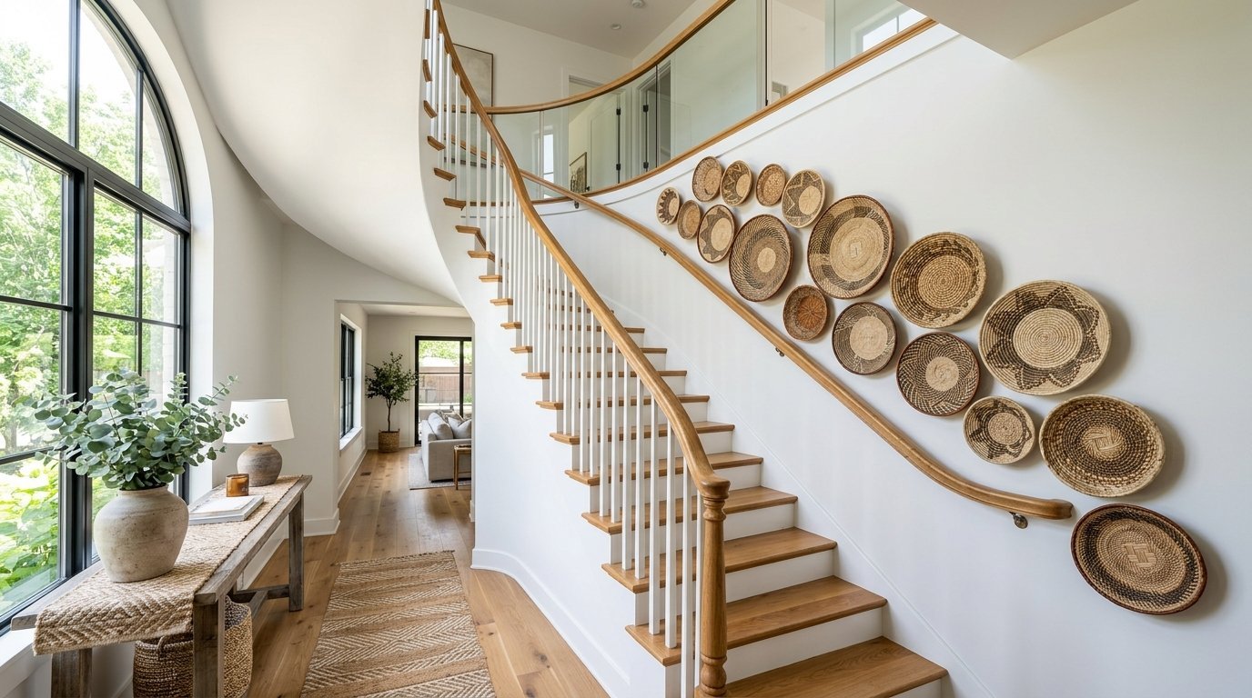 A wooden staircase with white railings curves upward beside a gallery wall of round, patterned straw baskets.
