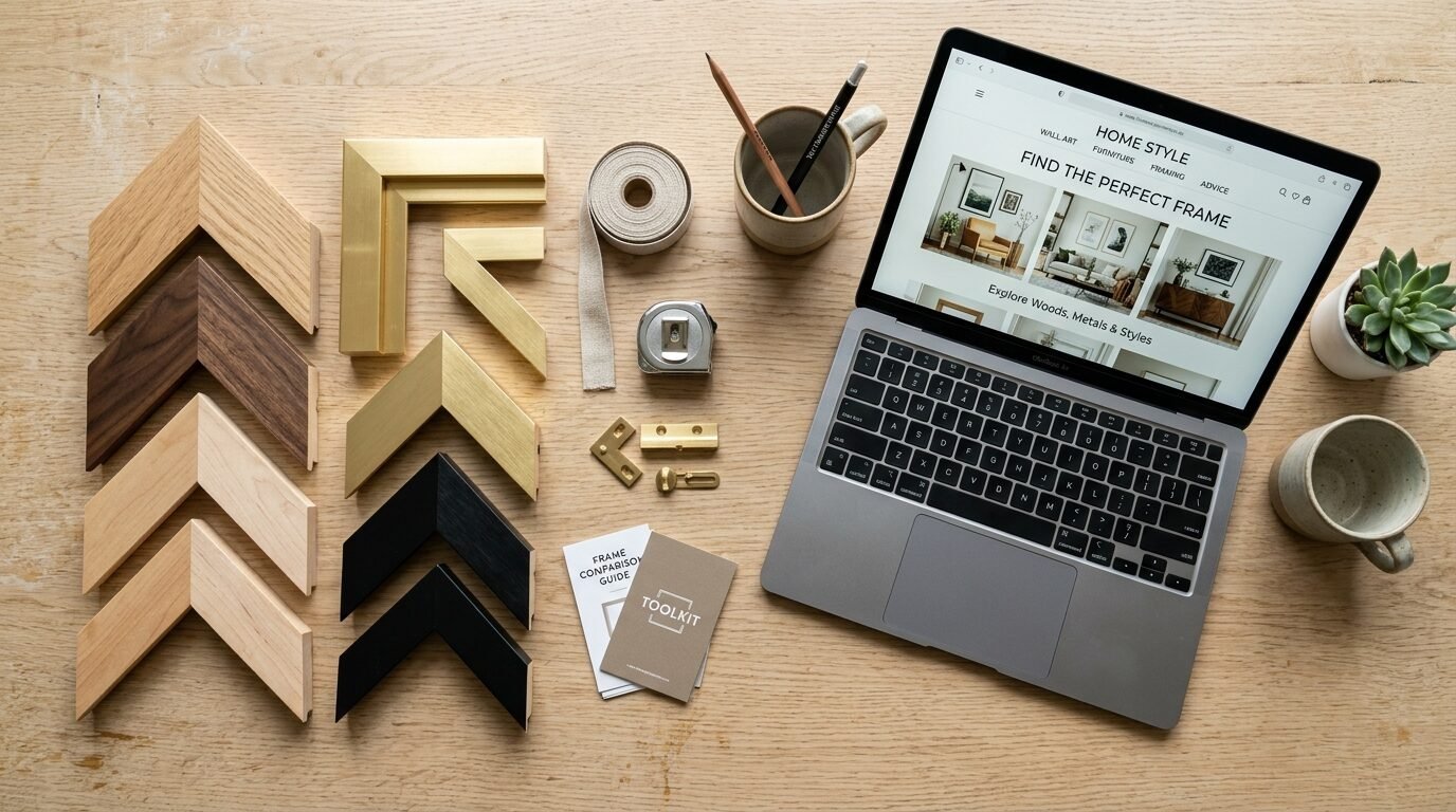 Top view of a wooden workspace featuring frame corner samples, a laptop, measuring tape, and stationery.