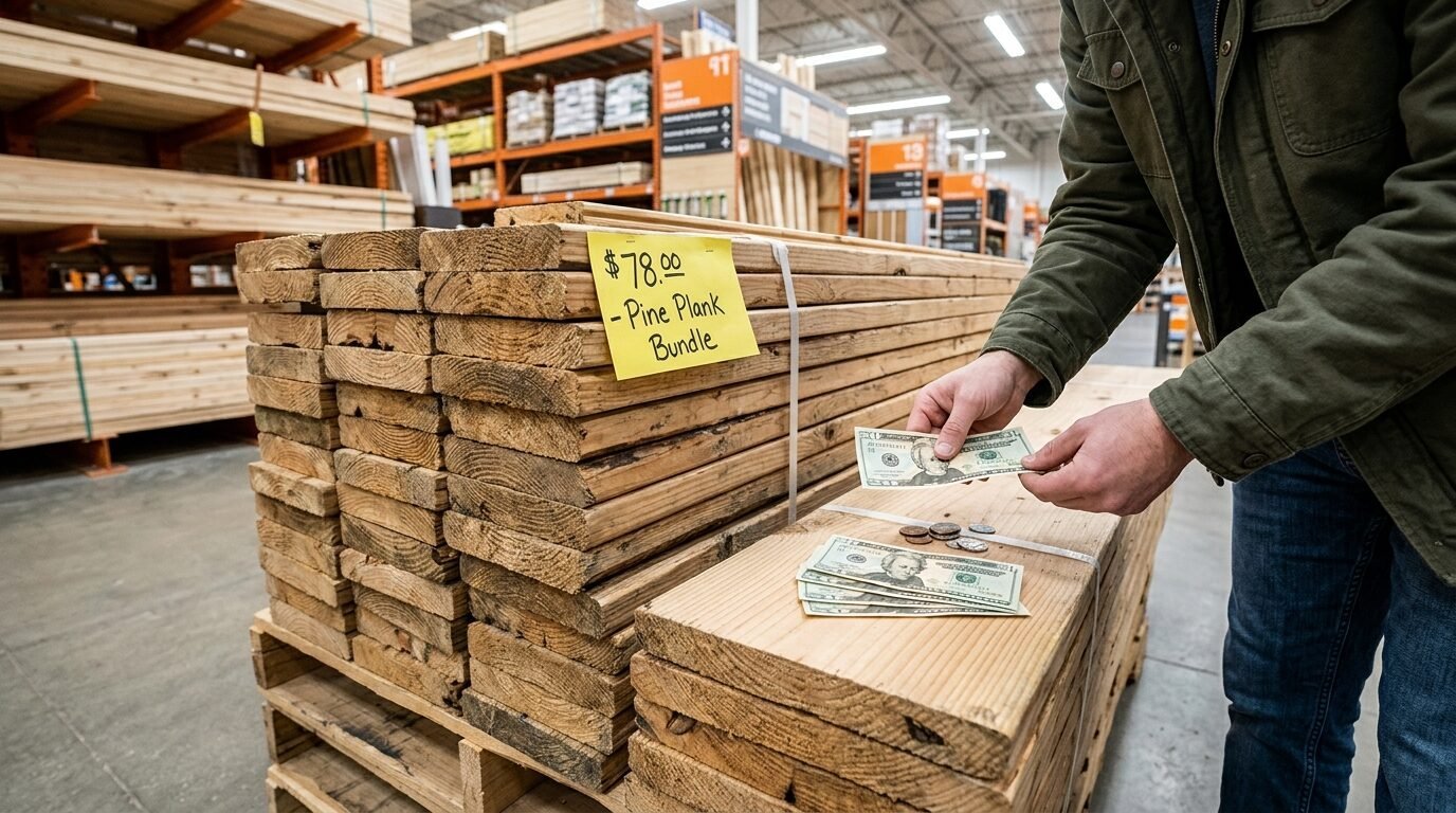 A person holding cash over a wooden pallet of lumber with a seventy-eight dollar price tag attached.