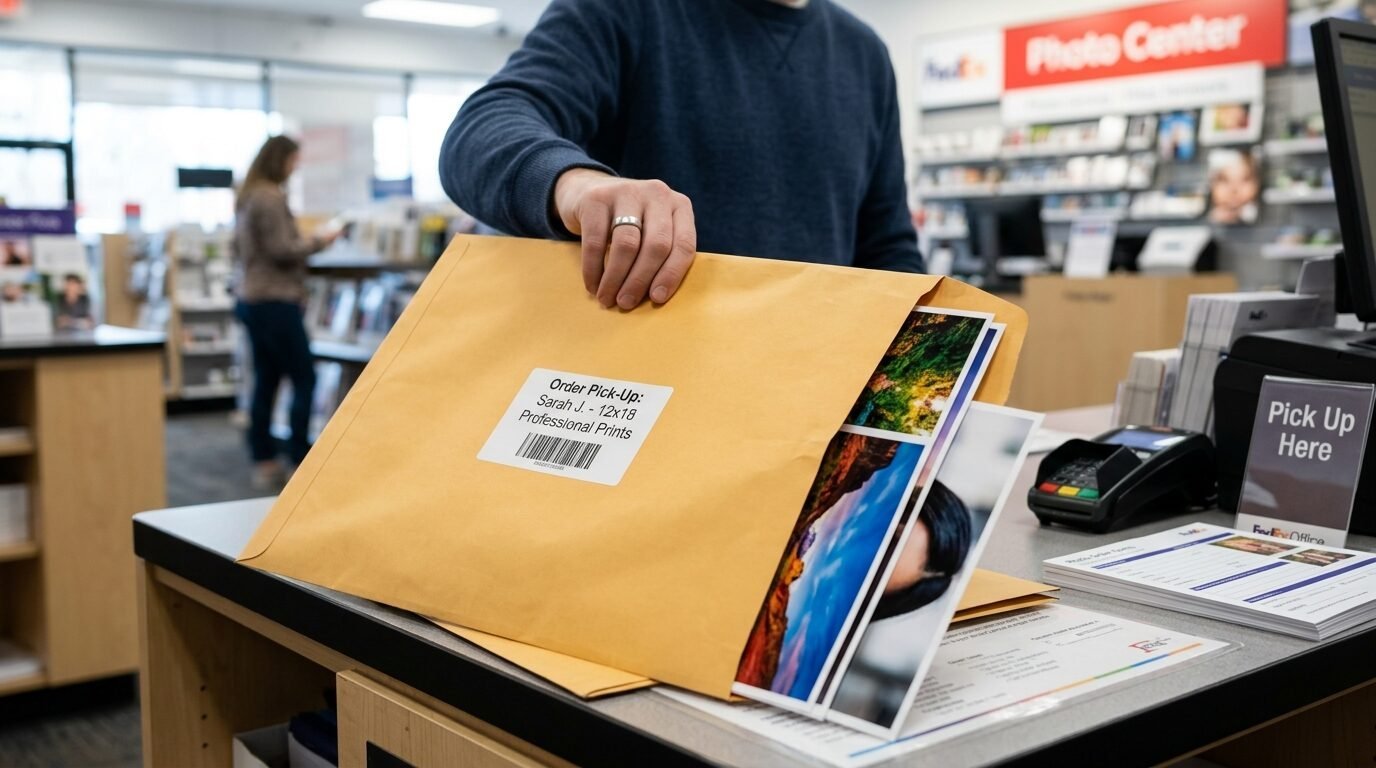Man holding a brown envelope containing large photographic prints at a retail photo center counter.