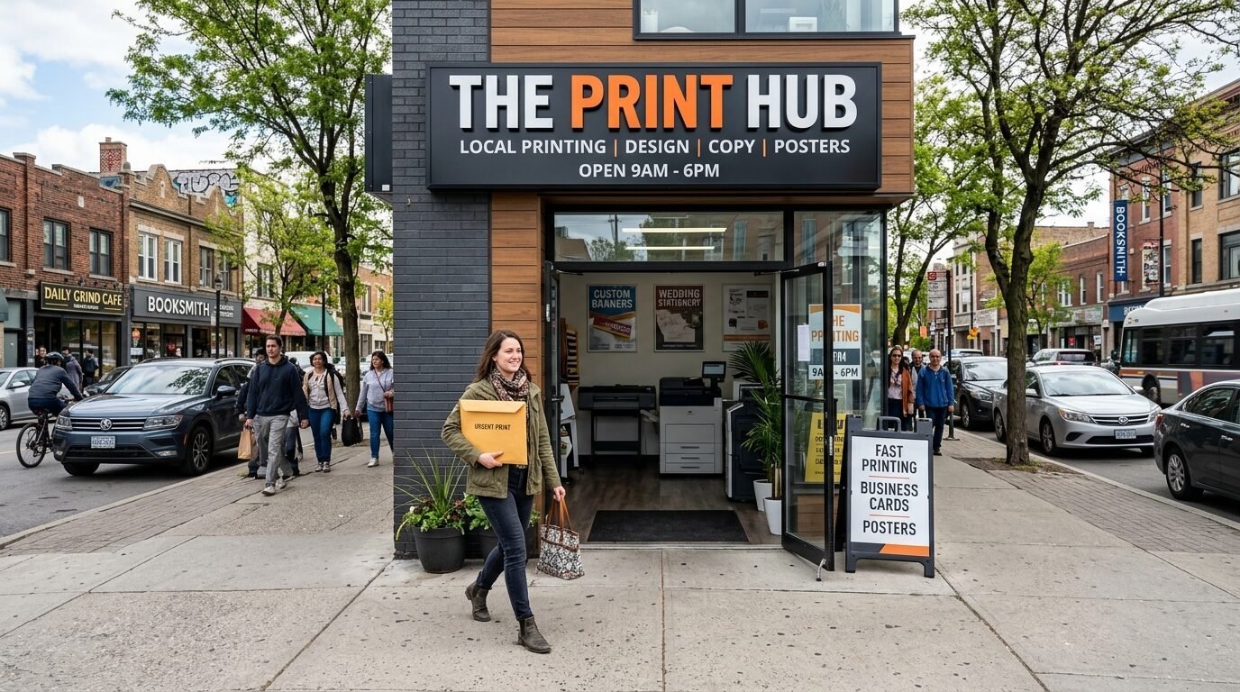 Customer carrying a yellow envelope leaving a storefront with a black sign that reads The Print Hub