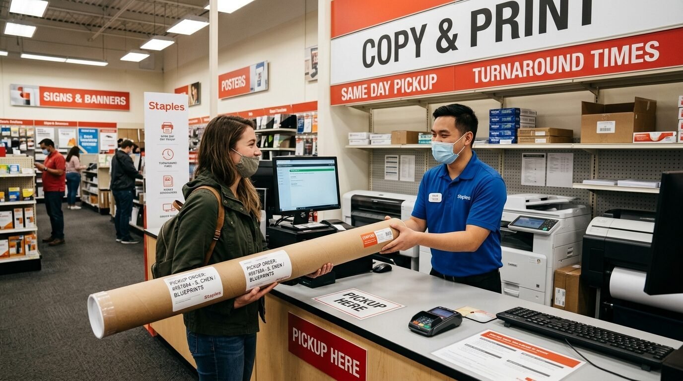 A masked employee gives a large cardboard tube for blueprints to a female customer at the store service counter.