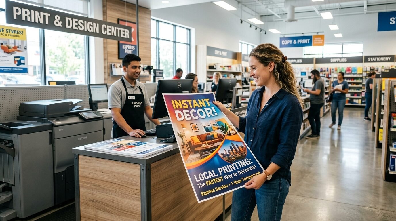 Smiling woman in a store holding a large, colorful promotional poster featuring home decor and city skyline images.