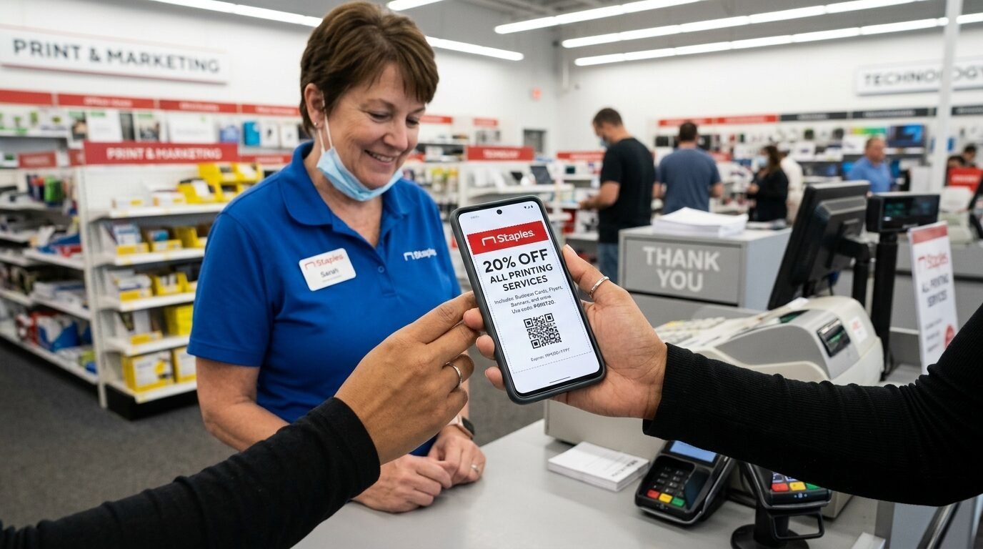 A person holds a phone displaying a 20% off printing services coupon for a smiling Staples employee to scan.