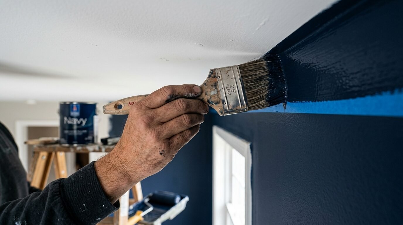 Close-up of a hand using a bristle brush to paint a crisp navy line on a wall near the ceiling.