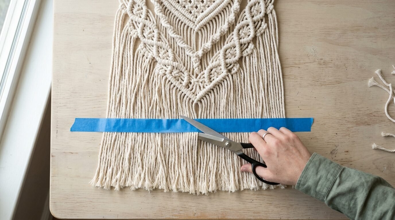 A hand using scissors to cut the long cotton cord fringe of a macrame project along a straight line of blue painters tape.