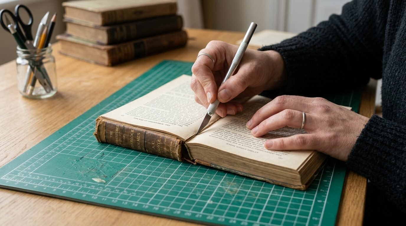 Close-up of hands using a metal hobby blade to trim the inside edge of an old copy of The Adventures of Sherlock Holmes.