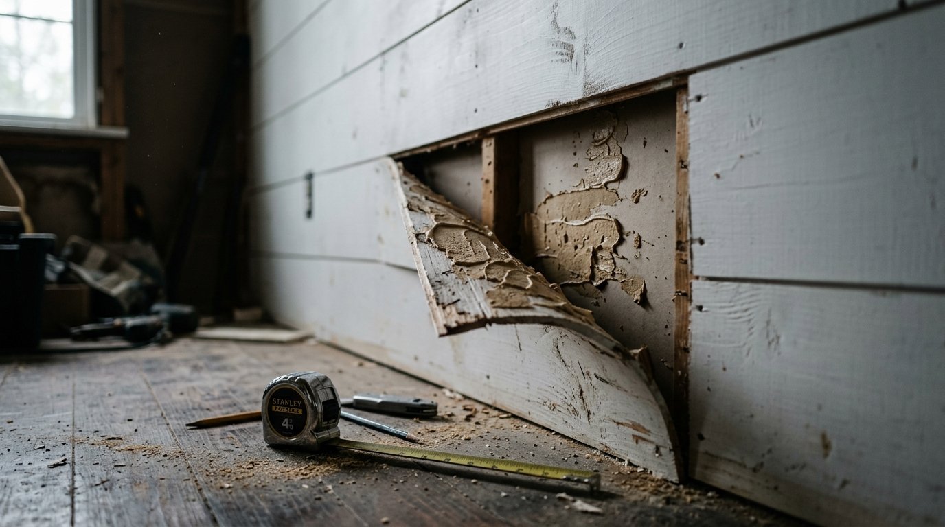 A close up of broken shiplap wall boards revealing the wall backing in a construction zone.