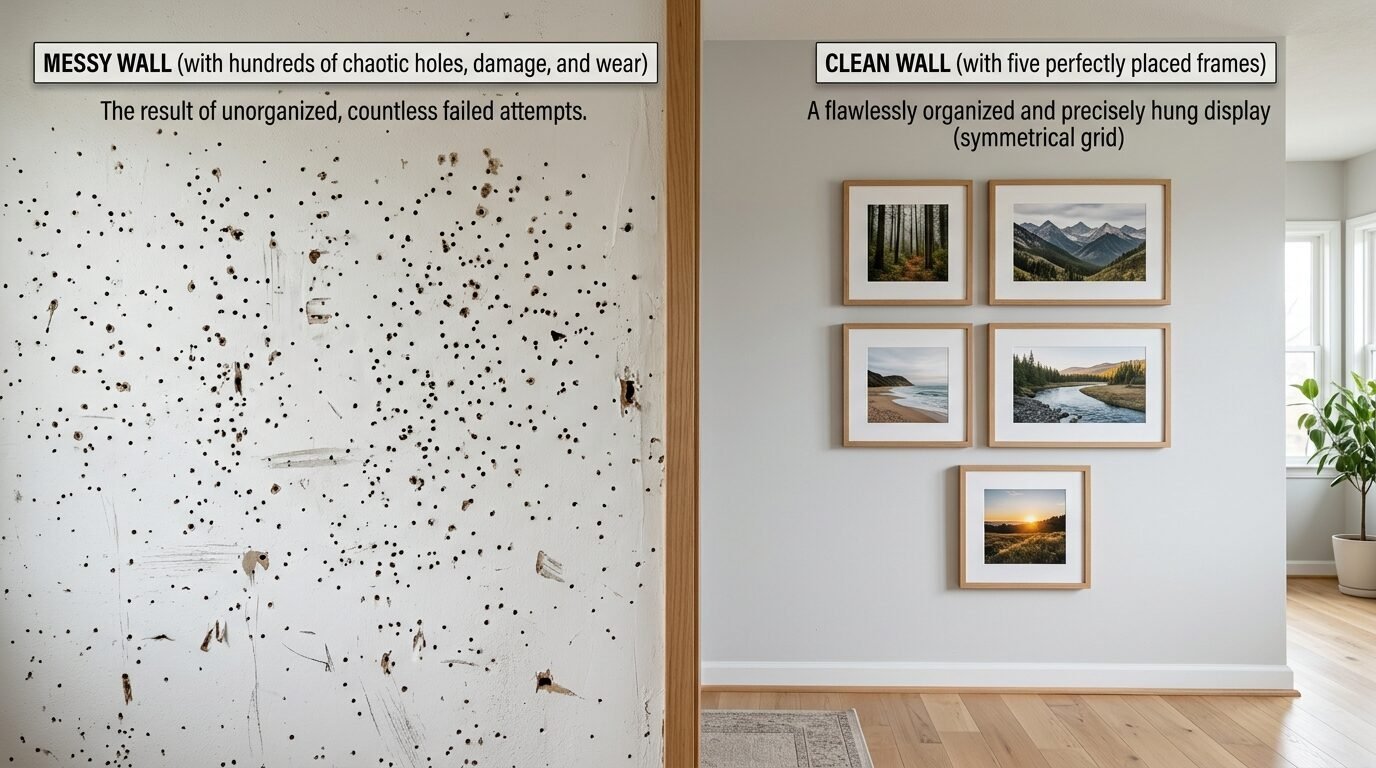 A split-screen image showing a wall covered in many small holes next to a grey wall with five organized picture frames.