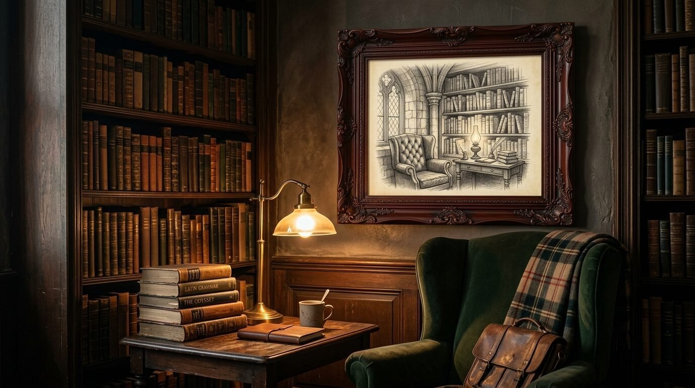 A green velvet armchair beside a desk with a lamp, a stack of books, and framed wall art of a classic library.