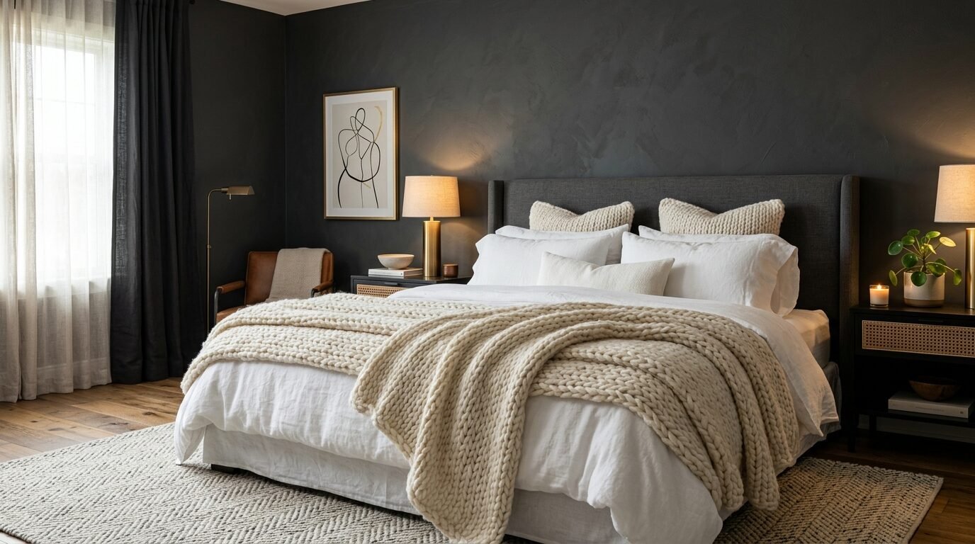 A bedroom with dark gray walls, a bed with a thick cream knit throw, and two nightstands with lamps.