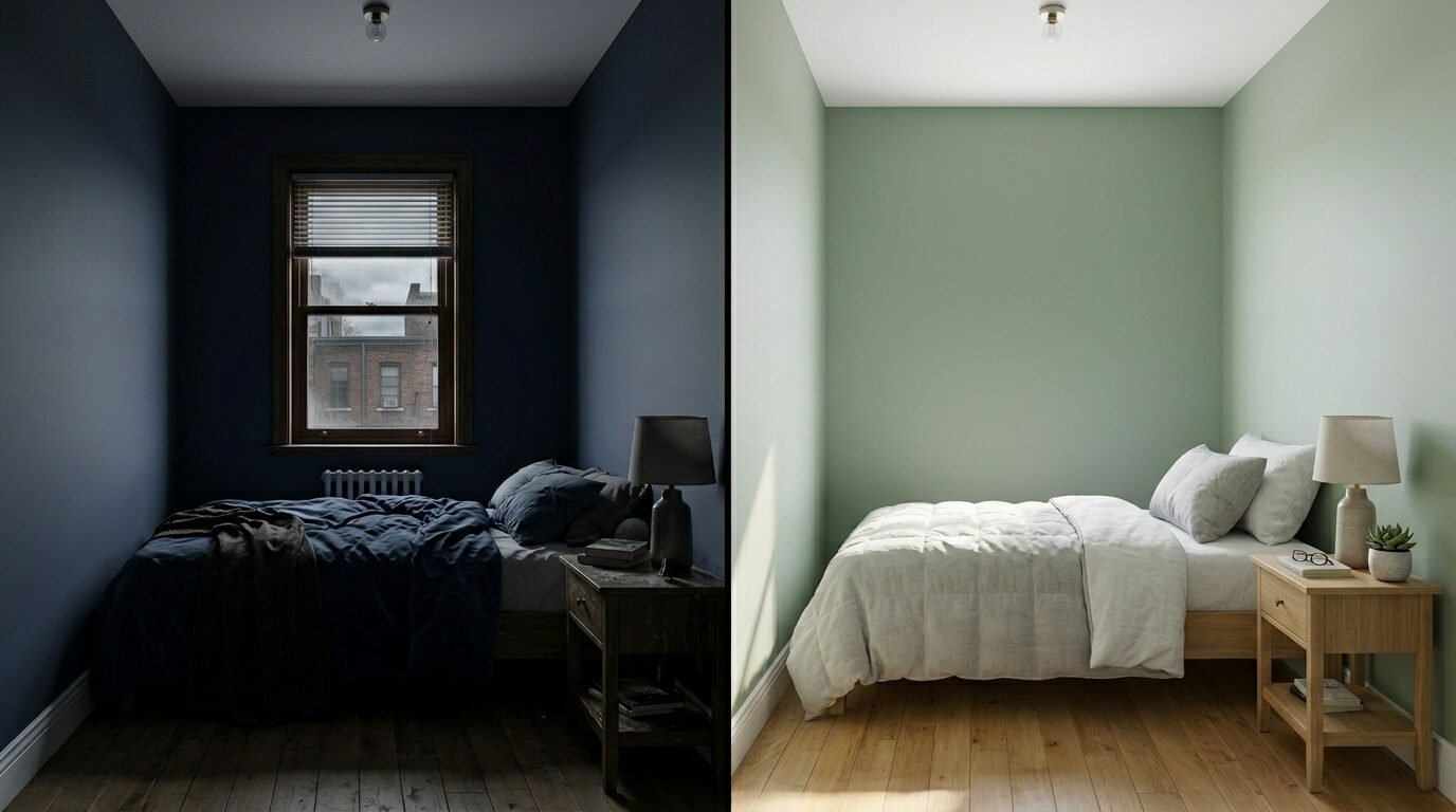 Split view showing a navy blue bedroom on the left and a light sage green bedroom on the right.