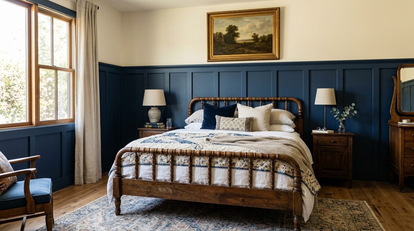 A rustic wooden bed frame centered against a deep blue paneled wall in a bedroom with a vintage landscape painting.