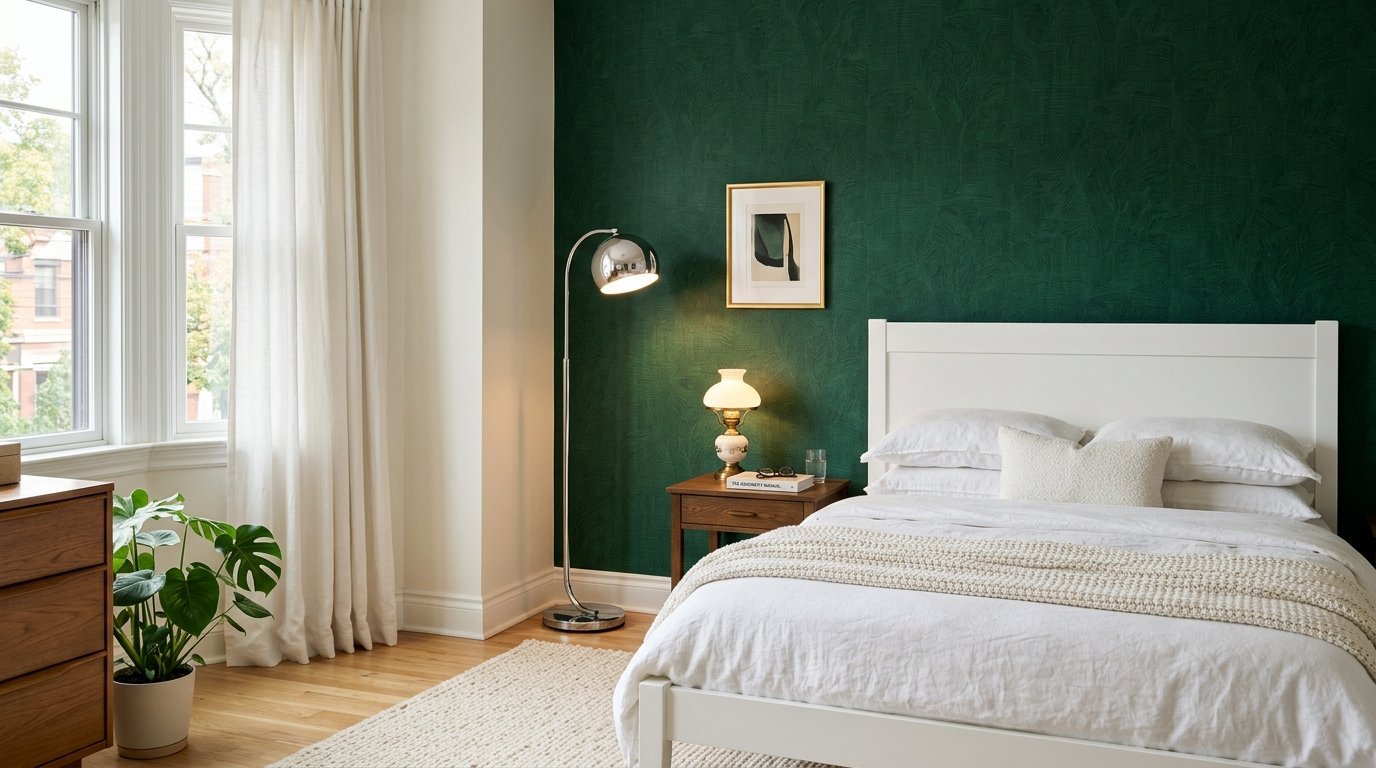 White platform bed beside a green wall with a chrome floor lamp and wooden side table.