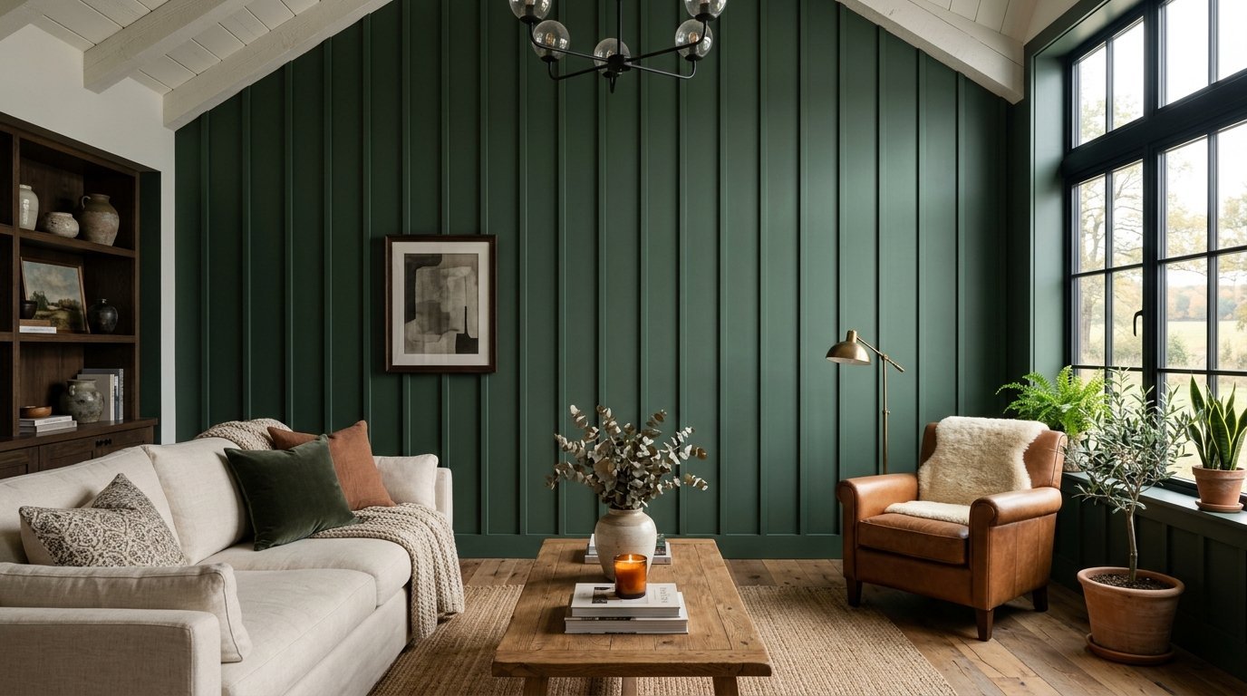 A beige sofa and leather armchair sit before an elegant wall with dark green board and batten paneling.