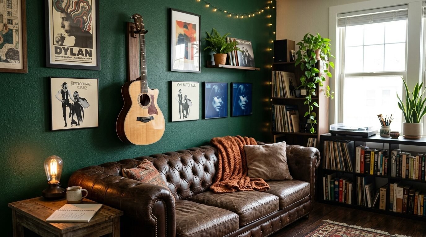 Tufted leather couch against a green wall decorated with acoustic guitar and vinyl record art.