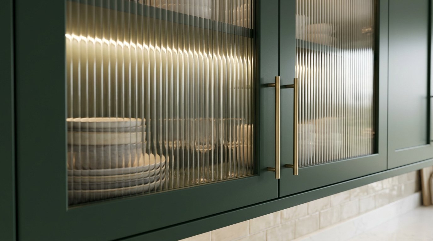 Close up of deep forest green kitchen cupboards featuring vertical ribbed glass panels and brass hardware.
