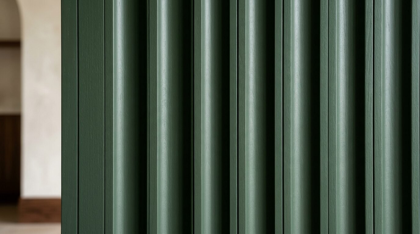 Close up view of deep green painted wooden wall paneling featuring vertical curved fluting.