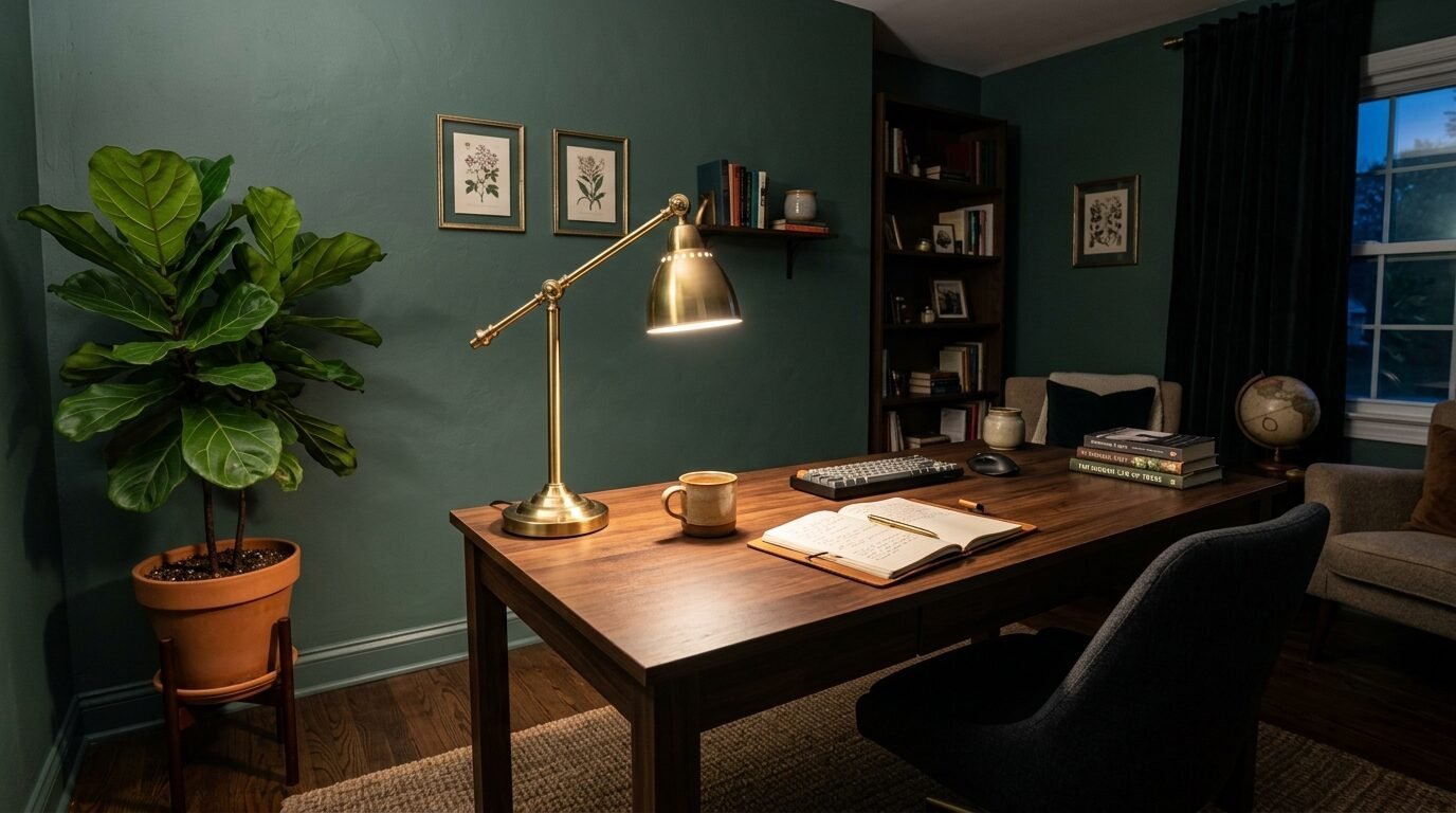 A dark green study room with a wooden desk, brass task lamp, open notebook, and a potted fiddle leaf fig plant.