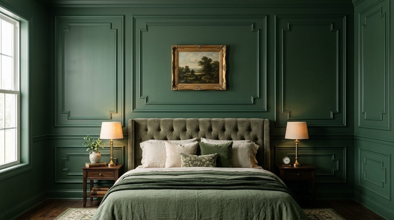 Luxurious master bedroom featuring deep green walls with molding and a velvet tufted headboard.