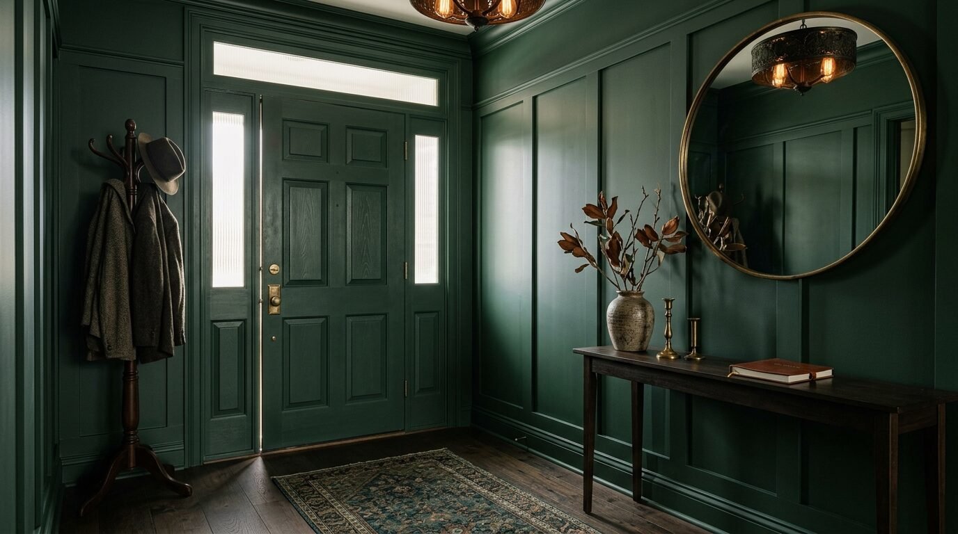 An elegant entrance hall with deep green walls, a console table, a round brass mirror, and a vintage coat rack.