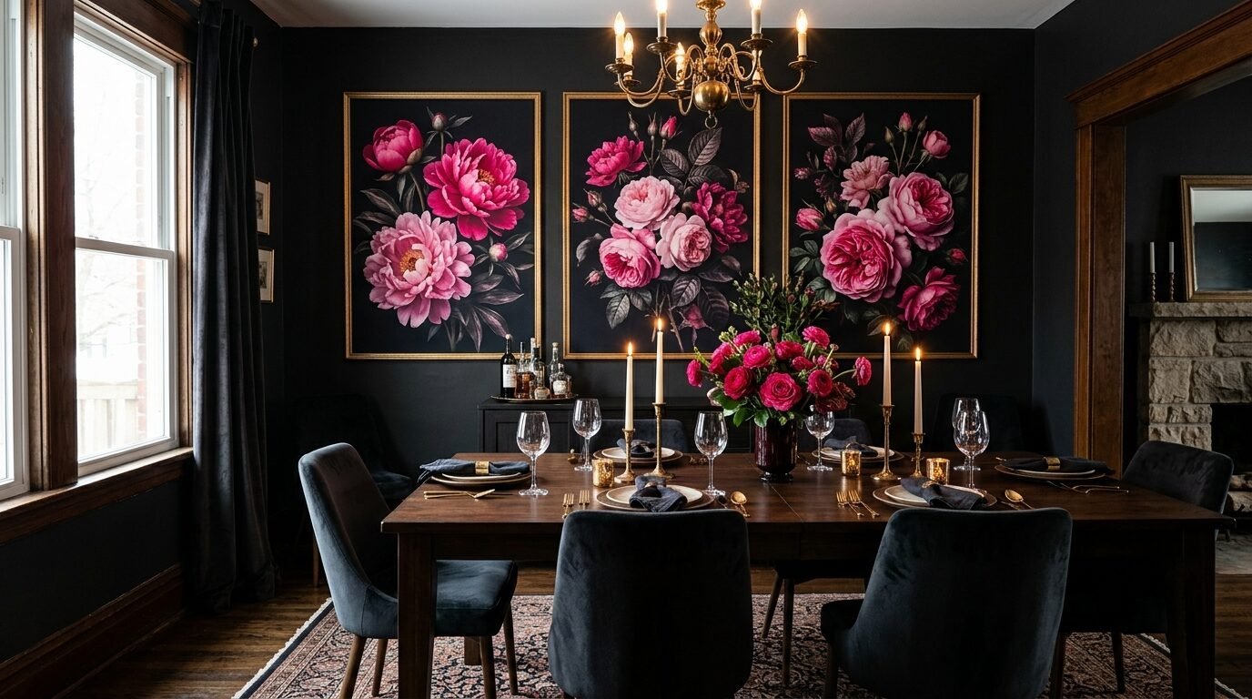 A dining table set for dinner featuring dark walls with three large floral paintings and pink rose centerpieces.