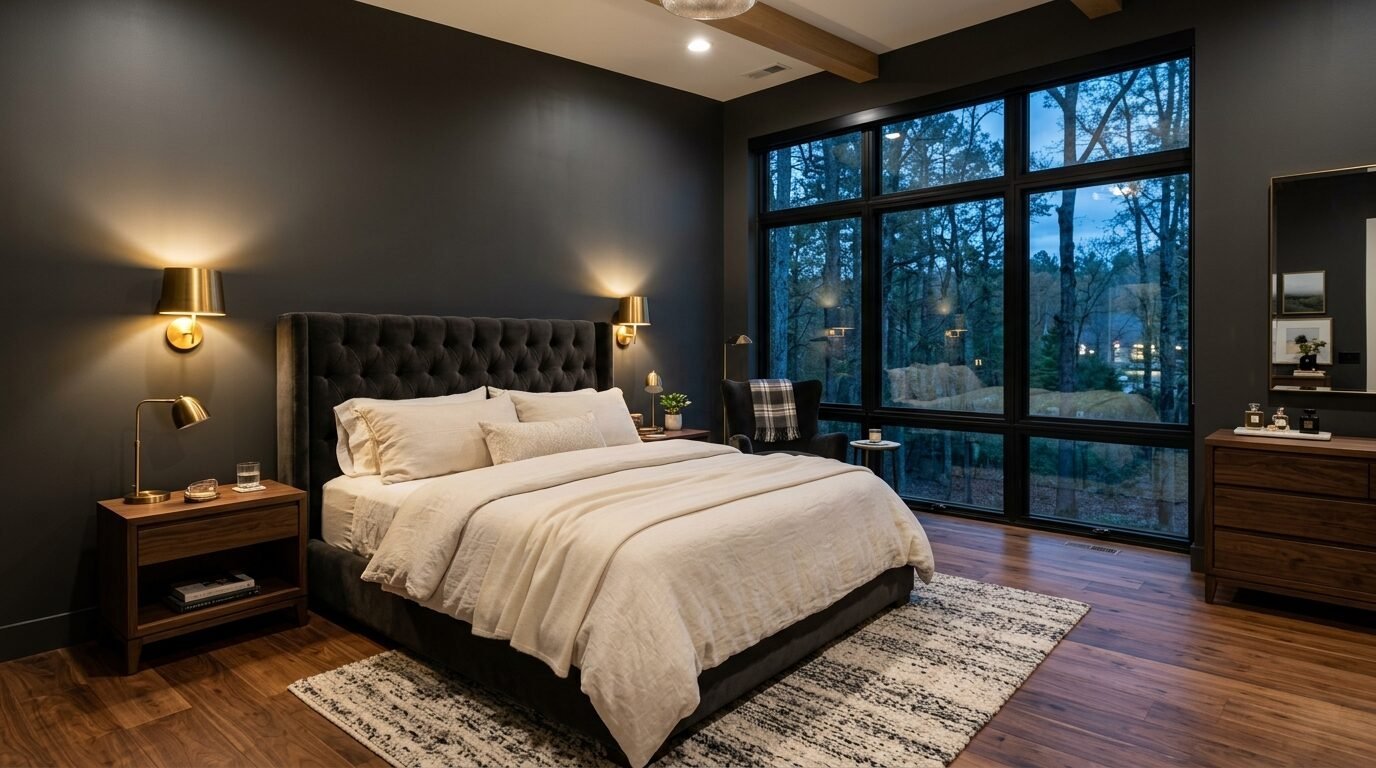 Modern bedroom with a dark grey tufted bed, wooden nightstands, and large windows overlooking trees.