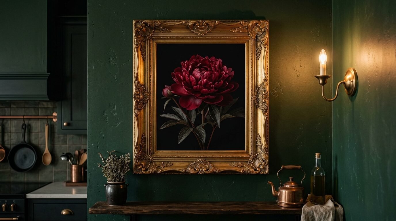 A large, blooming dark red peony in a vintage-style gold frame hanging on a forest green wall.