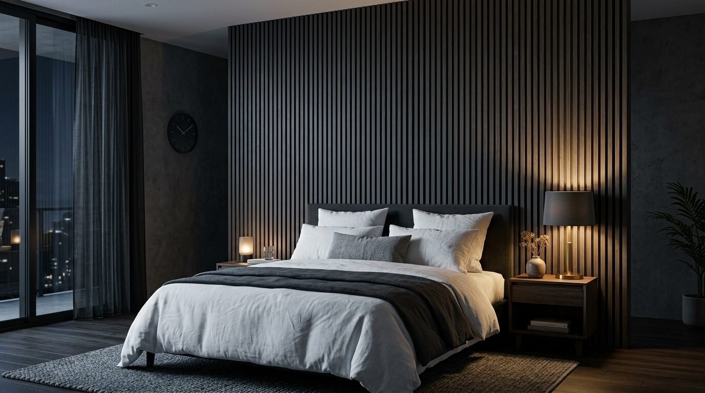 A dimly lit bedroom with a dark vertical slat headboard wall, white bedding, and warm bedside lamp lighting.