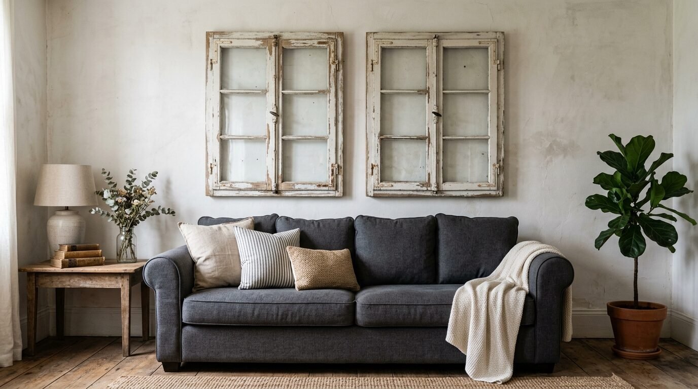 Dark grey couch with decorative pillows and a throw blanket under two distressed wooden window frame wall hangings.