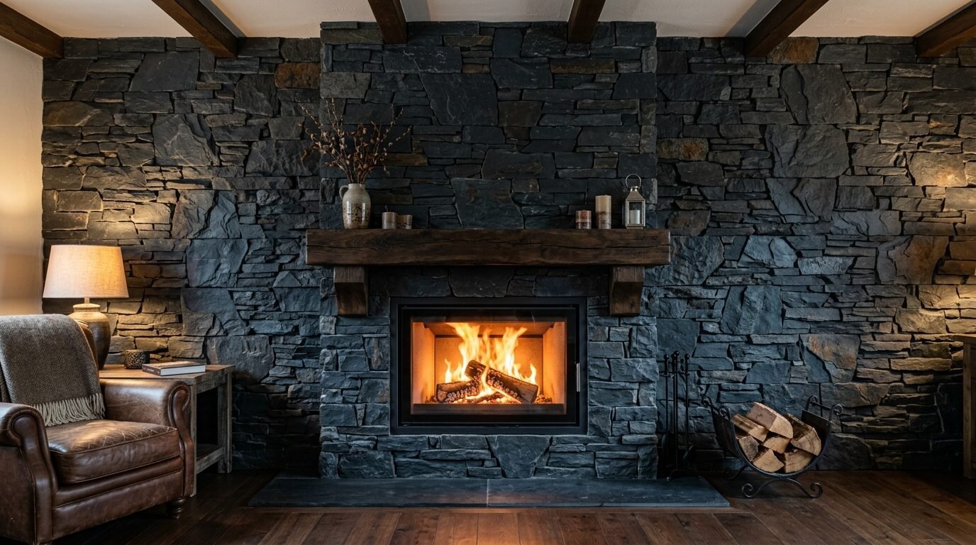 A rustic leather armchair next to a roaring fireplace built into a floor-to-ceiling dark grey stone wall.