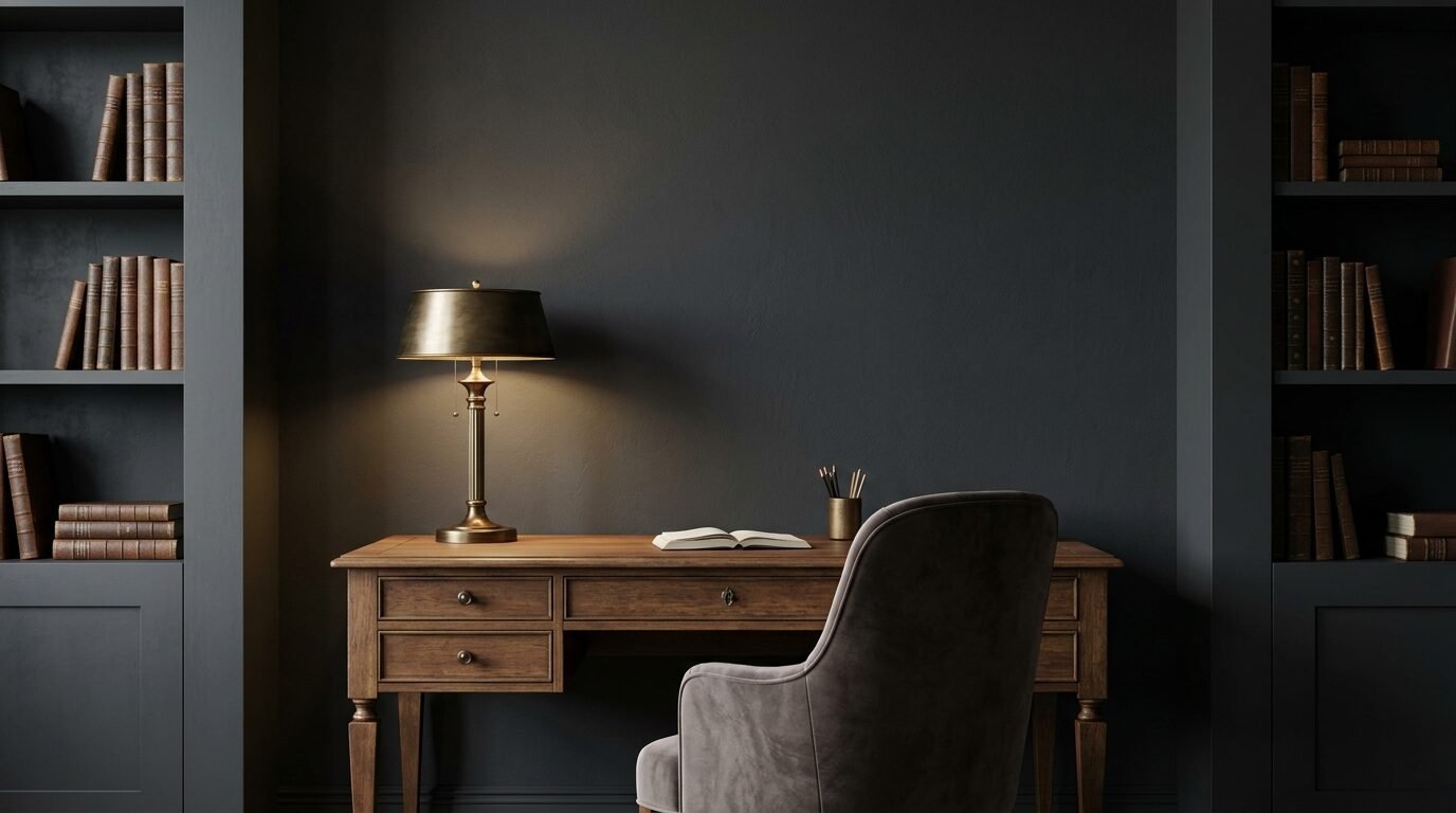 An antique wooden desk with a brass lamp and open book sits between two dark grey floor-to-ceiling bookshelves.
