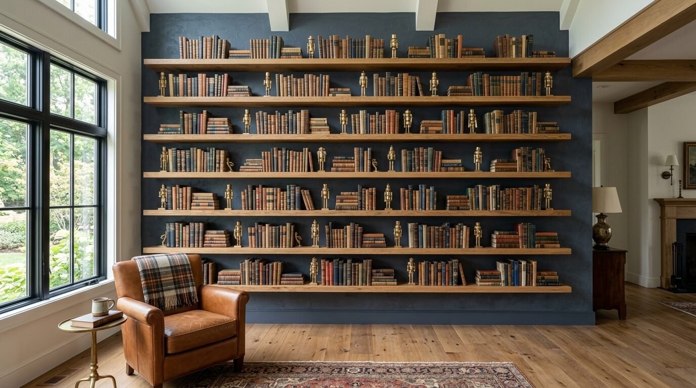 A cognac leather chair with a plaid throw blanket faces a tall, dark blue wall filled with rows of antique books.